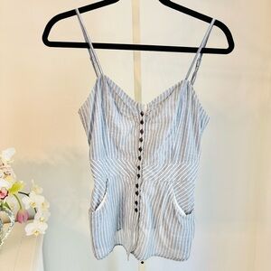 Free People Blue and White Pinstripe Button Front Peplum Cami w Pockets, Sz4